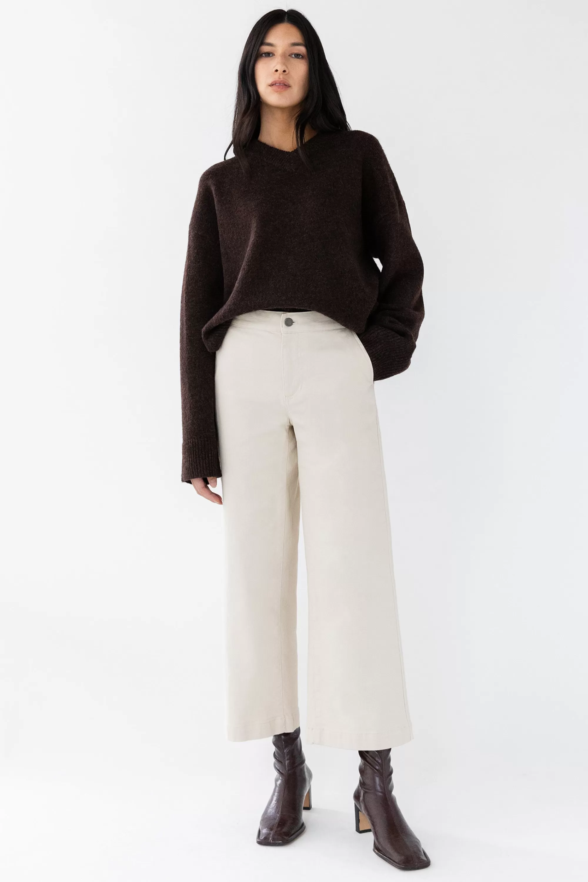 OAK + FORT CROPPED LENGTH 26" TWILL WIDE LEG PANT | Women Pants