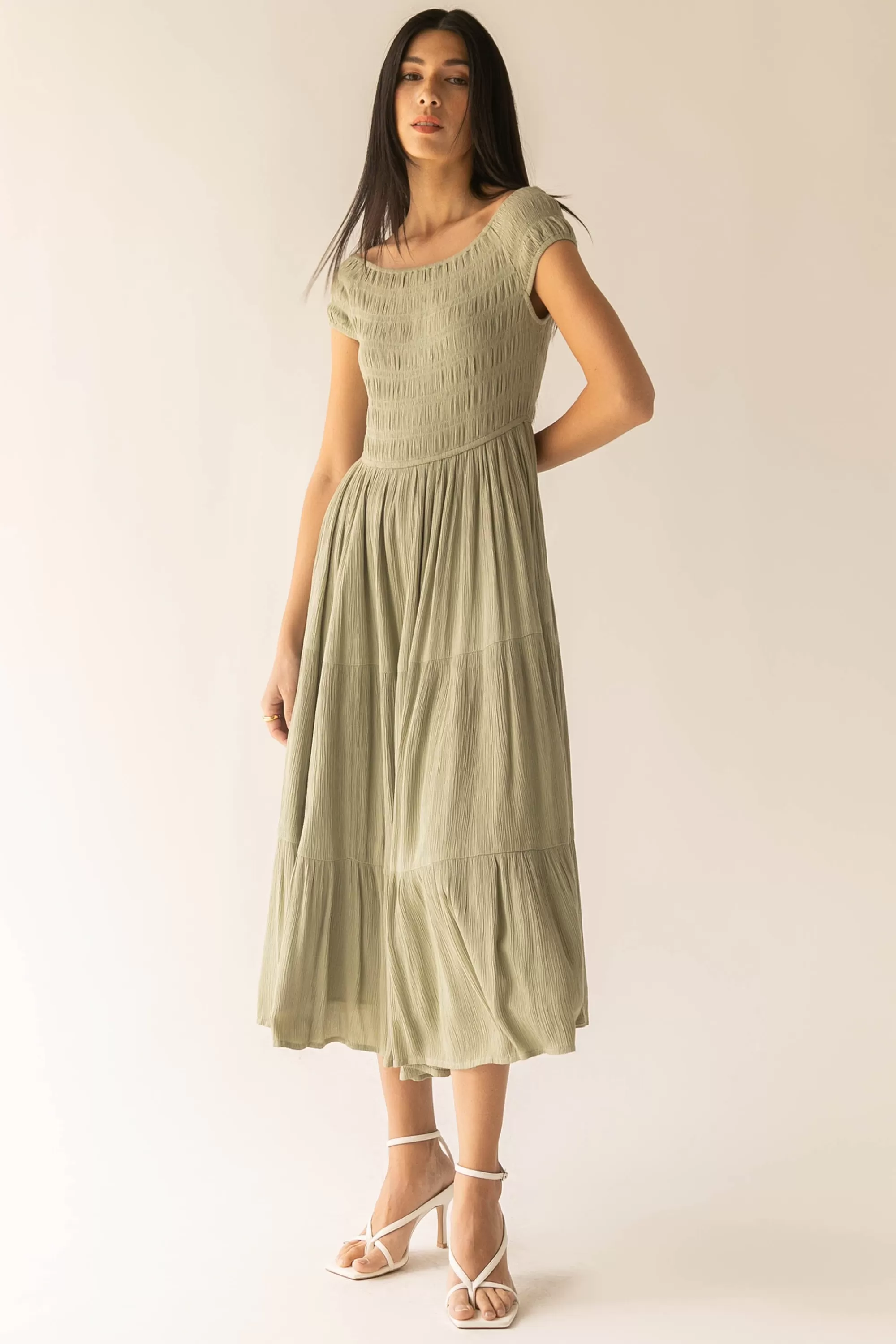 OAK + FORT OFF THE SHOULDER CRINKLED MIDI TIERED DRESS | Women Dresses