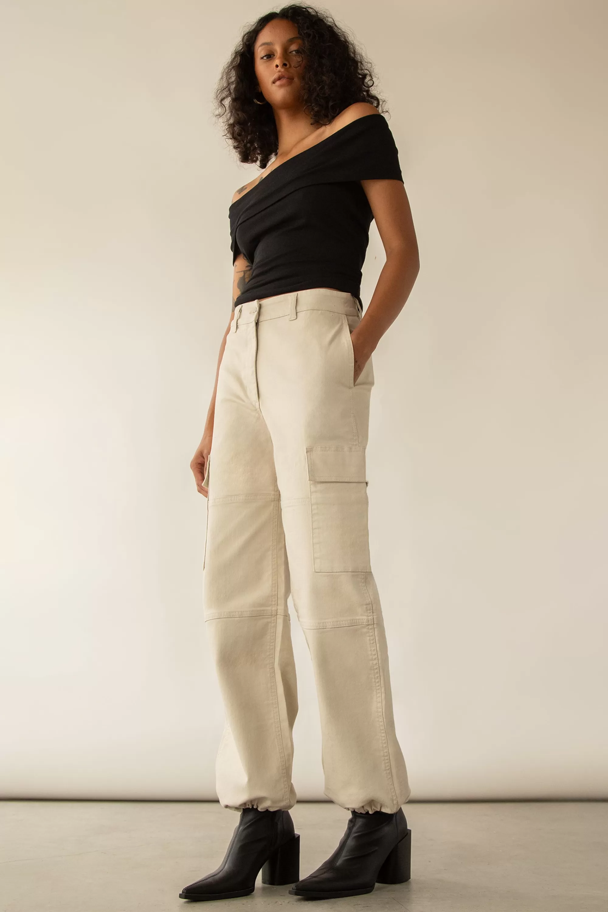 OAK + FORT TWILL WIDE LEG CARGO PANT WITH SHOCK CORD | Women Pants