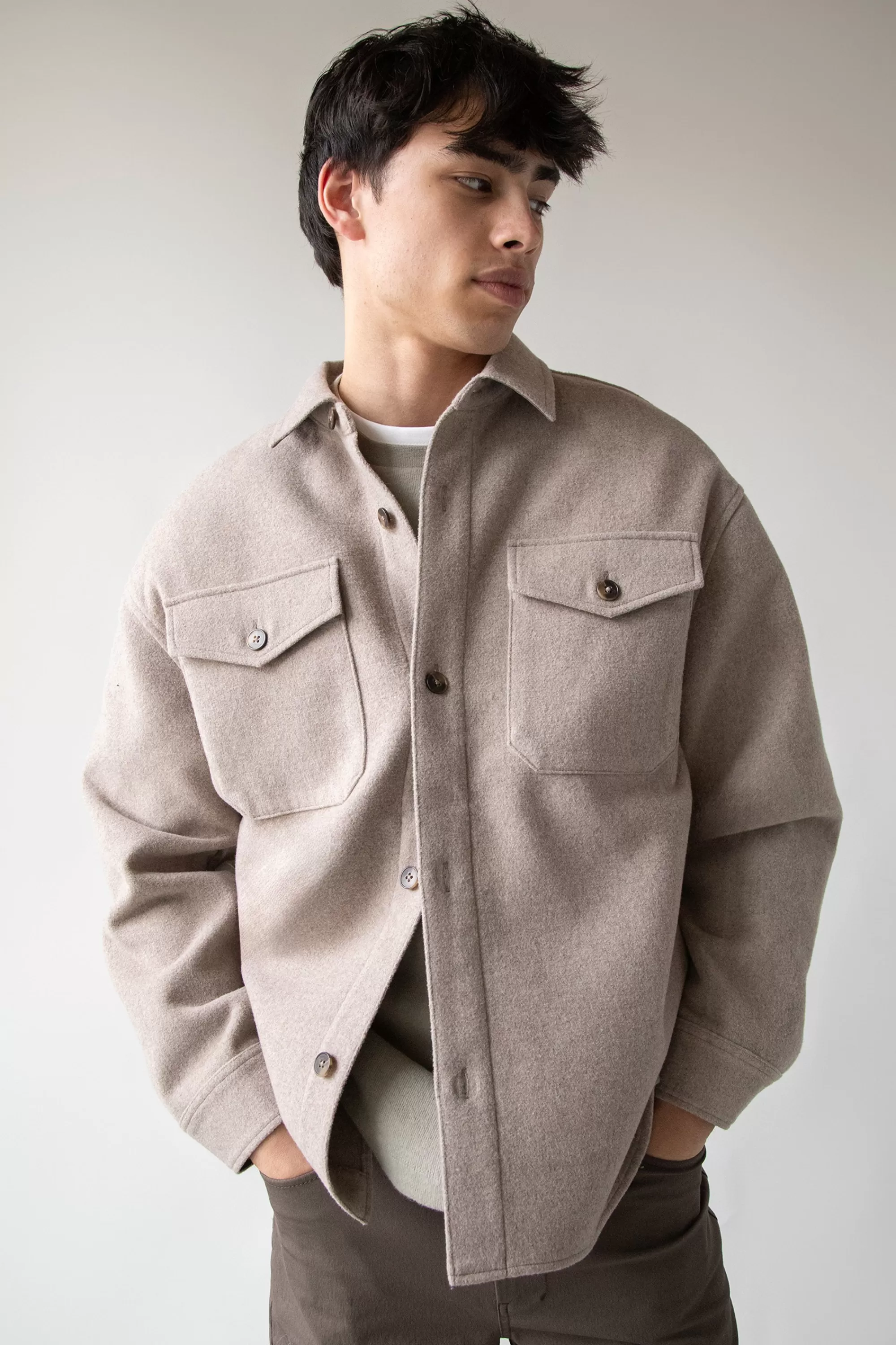 OAK + FORT WOOL BLEND BUTTON FRONT SHIRT | Tops | Outerwear